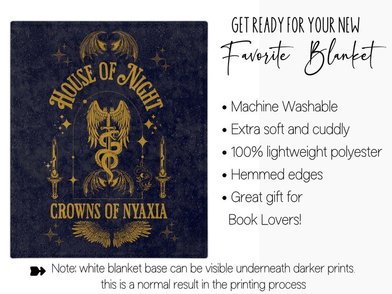 May include: A dark blue blanket with a gold design featuring a winged creature, a sword, and the text "House of Night Crowns of Nyaxia". The blanket is machine washable, extra soft, and made from 100% lightweight polyester.