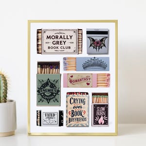 May include: A framed print featuring various matchbox designs with text like "Morally Grey Book Club" and "Enemies to Lovers." The matchboxes have different colors and graphics, including a crown and a bat. A cactus in a white pot is in the foreground.
