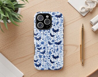 Custodia compatibile con MagSafe con stampa di pipistrelli stravaganti, custodia per telefono con stampa di fiori autunnali a righe blu e chinoiserie alla moda per iPhone 16 15 14 13 12 11 Pro Max