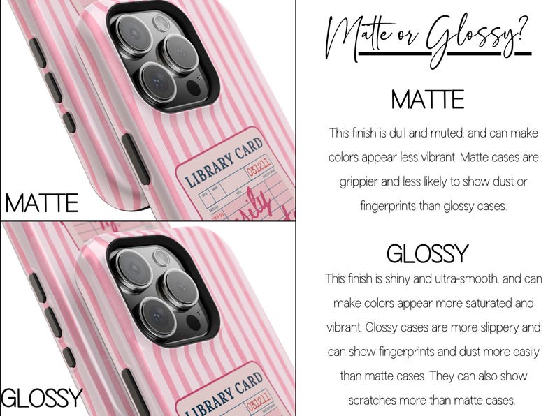 May include: Pink and white striped phone cases, one matte and one glossy, with a library card design. The text on the cases reads "LIBRARY CARD" and "Family". The image also includes text comparing matte and glossy finishes.