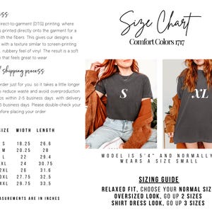 May include: Size chart for Comfort Colors 1717 t-shirts. The chart includes measurements in inches for sizes S to 4XL. The image also shows a model wearing a size S and provides sizing guidance for different fits.