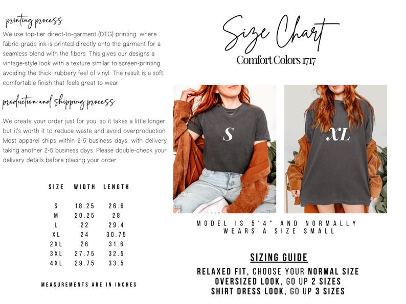 May include: Size chart for Comfort Colors 1717 t-shirts. The chart includes measurements in inches for sizes S to 4XL. The image also shows a model wearing a size S and provides sizing guidance for different fits.