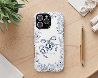 Personalized Wedding Phone Case  Vintage Botanical Floral iPhone Cover with Initials & Date Custom Gift for Bride Anniversary Chinoiserie