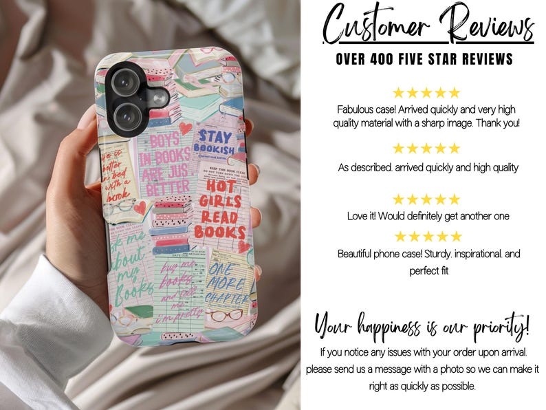 May include: A phone case with a colorful design featuring stacked books, glasses, and handwritten text. The text includes phrases like "Boys in books are just better" and "Hot girls read books."