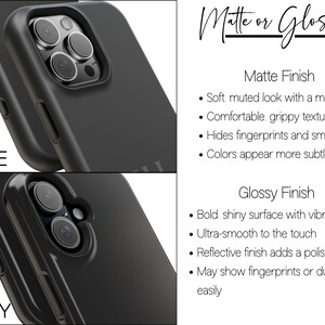 May include: Black phone cases with matte and glossy finishes are shown. The matte case has a soft, muted look and grippy texture. The glossy case has a shiny surface and a reflective finish. Text reads "Matte or Glossy?"