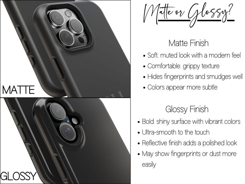 May include: Black phone cases with matte and glossy finishes are shown. The matte case has a soft, muted look and grippy texture. The glossy case has a shiny surface and a reflective finish. Text reads "Matte or Glossy?"
