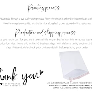 May include: White background with text describing the printing and shipping process. The text includes "Printing process", "Production and shipping process", and "Thank you for supporting small business!" A bubble mailer is also shown.