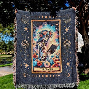 Mystical Skeleton Reading Blanket Tarot Card The Reader Woven Throw Witchy Book Nook Decor Gothic Literary Gift for Book Lover Dark Academia