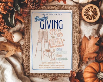 Convite para Booksgiving no Canva - Modelo para Troca de Livros de Outono - Convite para Clube do Livro Aconchegante - Convite para Friendsgiving - Bônus: Rastreador de Leitura e 4Planos de Fundo