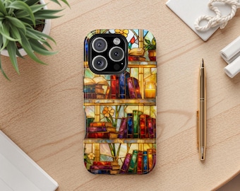Étui de téléphone livresque floral en vitrail Étui de téléphone bibliothèque livre Cosy Reader MagSafe Coque iPhone