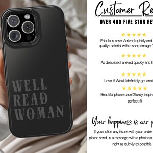 May include: Black phone case with the text "WELL READ WOMAN" in a stylized font. The case has a matte finish and a camera module with multiple lenses. Customer reviews are visible in the background.