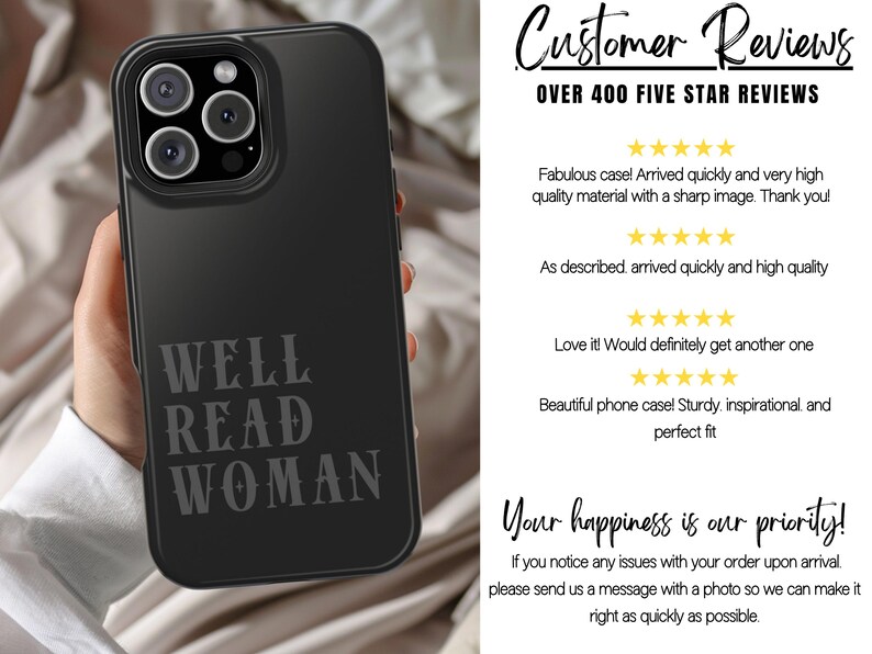 May include: Black phone case with the text "WELL READ WOMAN" in a stylized font. The case has a matte finish and a camera module with multiple lenses. Customer reviews are visible in the background.