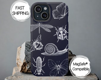 Bug Sketches MagSafe Compatible Phone Case for iPhone 16 15 14 13 models Midnight Blue Cute Insect Lover Whimsigoth Protective Phone Case