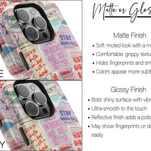 May include: A phone case with a book-themed design, featuring text like "Stay Bookish" and "Life is better in bed with a book." The image shows both matte and glossy finish options, with details on their textures and appearances.
