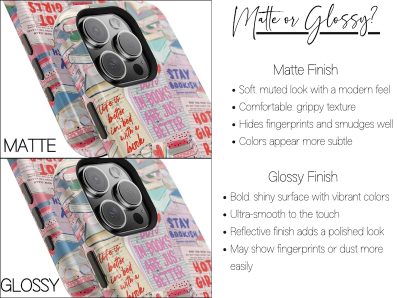 May include: A phone case with a book-themed design, featuring text like "Stay Bookish" and "Life is better in bed with a book." The image shows both matte and glossy finish options, with details on their textures and appearances.