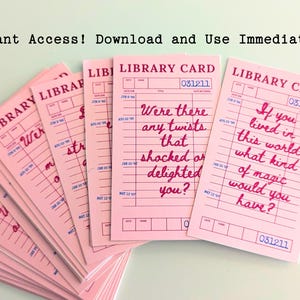 May include: Pink library cards with handwritten quotes in a cursive font. The cards have a vintage aesthetic, with the words "LIBRARY CARD" printed at the top. The text "Instant Access! Download and Use Immediately" is at the top.
