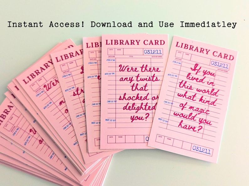 May include: Pink library cards with handwritten quotes in a cursive font. The cards have a vintage aesthetic, with the words "LIBRARY CARD" printed at the top. The text "Instant Access! Download and Use Immediately" is at the top.