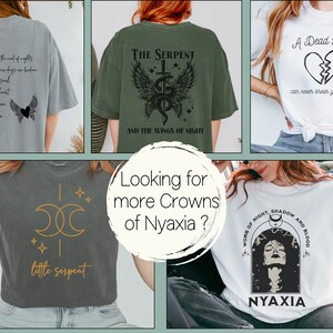 May include: A collage of five different t-shirt designs featuring various graphic prints. The designs include a broken heart with the text "A Dead Lover", a serpent with wings and the text "The Serpent and the Wings of Night", a crescent moon with stars and the text "little serpent", and a woman's face with the text "Nyaxia, Worms of Night, Shadow and Blood".