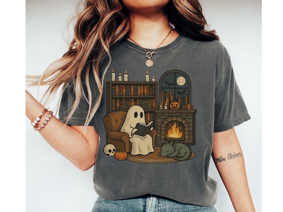 Ghost Reading Shirt with Dragon Bookish Halloween Comfort Colors Tee Fall Spooky Book Lover Aesthetic Fireplace Ghost Tee