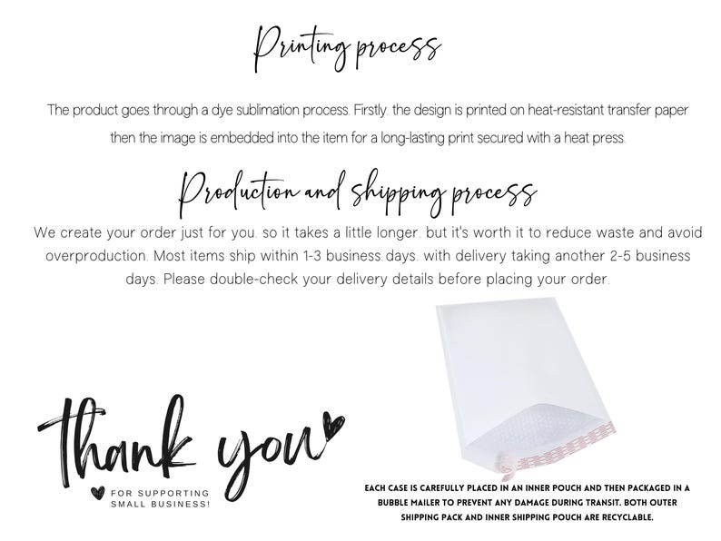 May include: White background with text describing the printing, production, and shipping processes. The text includes "Printing process", "Production and shipping process", and "Thank you for supporting small business!" A bubble mailer is shown.