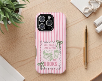 MagSafe Compatible Bookish Phone Case Pink Striped iPhone Cover Gift for Readers Book Lovers Teacher BookTok Aesthetic Iced Coffee and Books