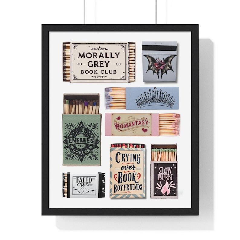 May include: A framed print featuring various matchbox designs. The matchboxes have text such as "MORALLY GREY BOOK CLUB", "ENEMIES TO LOVERS", and "CRYING OVER BOOK BOYFRIENDS". The color palette includes shades of green, pink, and blue.