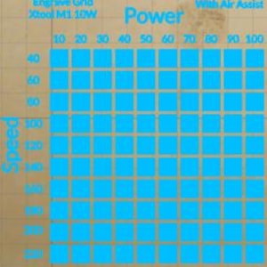 May include: Engrave grid chart for Xtool M1 10W laser engraver. The chart displays a grid of blue squares with varying power and speed settings. The text "Speed" and "Power" are visible, along with numbers from 10 to 100.