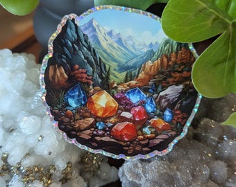 Gem Stone Mineral Glitter Sticker, Precious Gems Rock Hound Sticker, Mountainside landscape gemstone sticker decor, crystal cave sticker