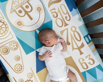 Blue It's a Small World Crib Sheet, Disneyland Baby Boy Crib Sheet, Nursery Bedding, Baby Shower Gift, Baby Girl Gift, Baby Boy Gift