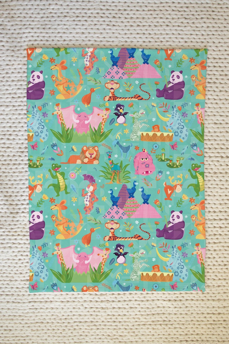 May include: A teal blue background with a repeating pattern of various animals, including a panda, a tiger, a giraffe, a rhino, a penguin, a kiwi bird, a kangaroo, a lion, a crocodile, and a monkey. The animals are all cartoon-like and colorful.