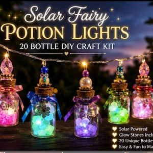 May include: A DIY craft kit for 20 solar fairy potion lights featuring clear glass bottles filled with glowing stones in pink, blue, green, and purple. Each bottle is topped with a cork, decorative beads, and a ribbon, connected by a string of lights.
