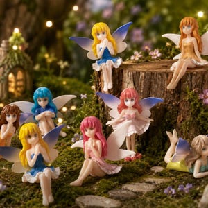 Pode incluir: Uma coleção de oito pequenas figuras de fadas com cabelos e asas coloridos, cada uma vestindo um vestido de uma cor diferente. As figuras estão em várias posições sentadas e reclinadas, com expressões faciais detalhadas e asas translúcidas.