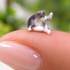 Könnte beinhalten: Eine Miniaturfigur einer Katze mit grau-weißem Fell, die in sitzender Position mit einem erhobenen Hinterbein dargestellt ist. Die kleine, detaillierte Skulptur hat einen runden Körper, spitze Ohren sowie ein weißes Gesicht, Brust und Pfoten.
