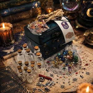 May include: A dark blue wooden chest with a twine-tied bag of dried herbs and a label reading "Witch's Brew" sits among small glass corked bottles, a clear container of colourful beads and metal charms, and a scroll on a celestial-patterned surface.