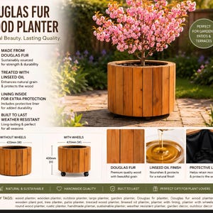 May include: A round Douglas fir wood planter with vertical slats, featuring a protective interior liner. The planter is shown with and without wheels, measuring 420mm in width and 350mm or 400mm in height. The wood is treated with a linseed oil finish.