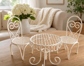 Miniture Iron Garden Table and Chairs for Dolls house, Fairy Accessories  White Bistro Set