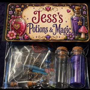 Może przedstawiać: Zestaw kreatywny z etykietą Jess's Potions & Magic oraz kartą nagłówkową z ilustracjami butelek z miksturami, kwiatów i grzyba. Przezroczysta plastikowa torebka zawiera dwie szklane fiolki z korkowymi zatyczkami, z których jedna jest wypełniona fioletowym proszkiem.