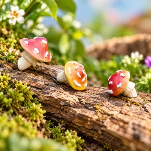 May include: Three small mushroom figurines with rounded caps and white stems. The left mushroom has a red cap with white spots, the center one is yellow and orange with white spots, and the right one is red with white spots, all resting on bark.