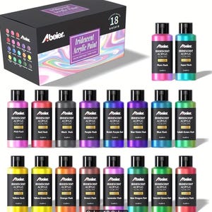 May include: A set of 18 Abeier iridescent acrylic paint bottles in a black box. Each bottle features a black label with the brand name, the text Iridescent Acrylic Colors, and a specific colour name like Plum Flash, Aqua Flash, or Pink Flash.