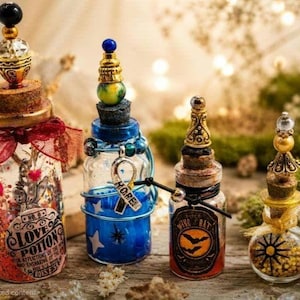 May include: Four glass bottles with cork stoppers and decorative toppers. The first is filled with red glitter and labeled Love Potion. The second is blue with a Hope charm. The third is labeled Wing Bat. The fourth contains gold beads.
