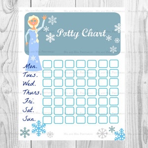 May include: A printable potty training chart featuring a cartoon image of a princess with a blue dress and blonde hair. The chart has a blue header that says "Potty Chart" and a grid of squares for each day of the week.