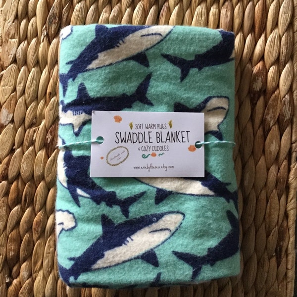 Aqua Shark Print Baby Swaddle/Receiving Blanket