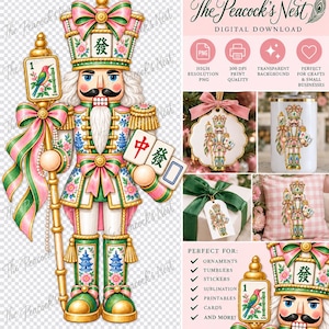May include: A digital illustration of a nutcracker soldier wearing a green, pink, and gold uniform with floral accents. The figure holds a staff topped with a mahjong tile featuring a bird and a bamboo stalk, and holds another mahjong tile.