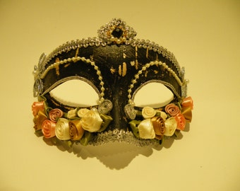 Black and Pink Venetian Wedding Masquerade Mask, Mardi Gras Masquerade Mask, Flower Design.