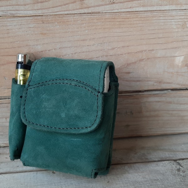 Vintage grüne Zigarette Fall / Zigarette GürtelFall / Wildleder Ledertasche / echtes Leder Zigarettenschachtel / Zigarettenetui mit leichter entierzeug