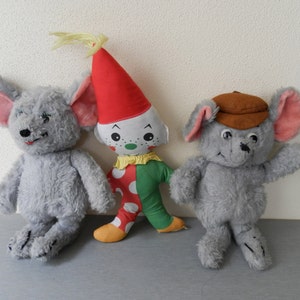 Set Of Three Old Stuffed Toys /  Vintage Plush Mice / Vintage Stuffed Pagliacci / Set Of Old Toys /  Toys From The 80s / Vintage Toys.