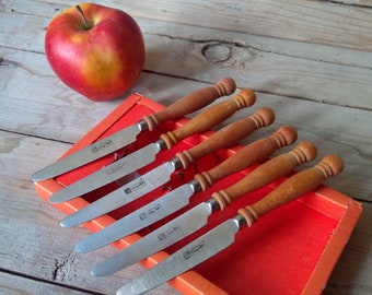 Conjunto de 6 cuchillos de mango de madera vintage / cuchillos vintage / cuchillos inoxidables / cuchillos búlgaros vintage / cuchillos de postre / cuchillos de cocina.