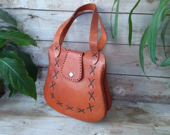 Vintage Brown Leather Handbag / Retro Genuine Leather  Bag / Vintage Tooled Leather Handbag / Retro Purse / Vintage 70s Handbag / Unique Bag