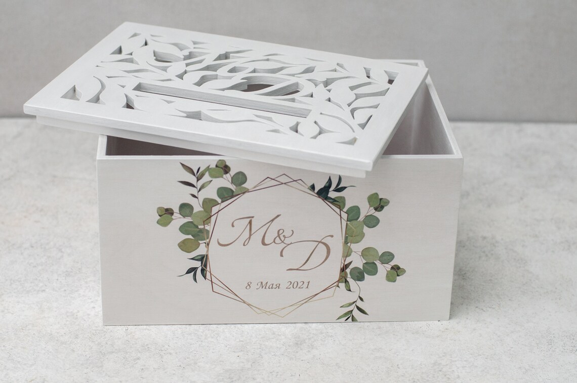 Personalized Wedding Card Box with Monogram White Custom Wood Etsy