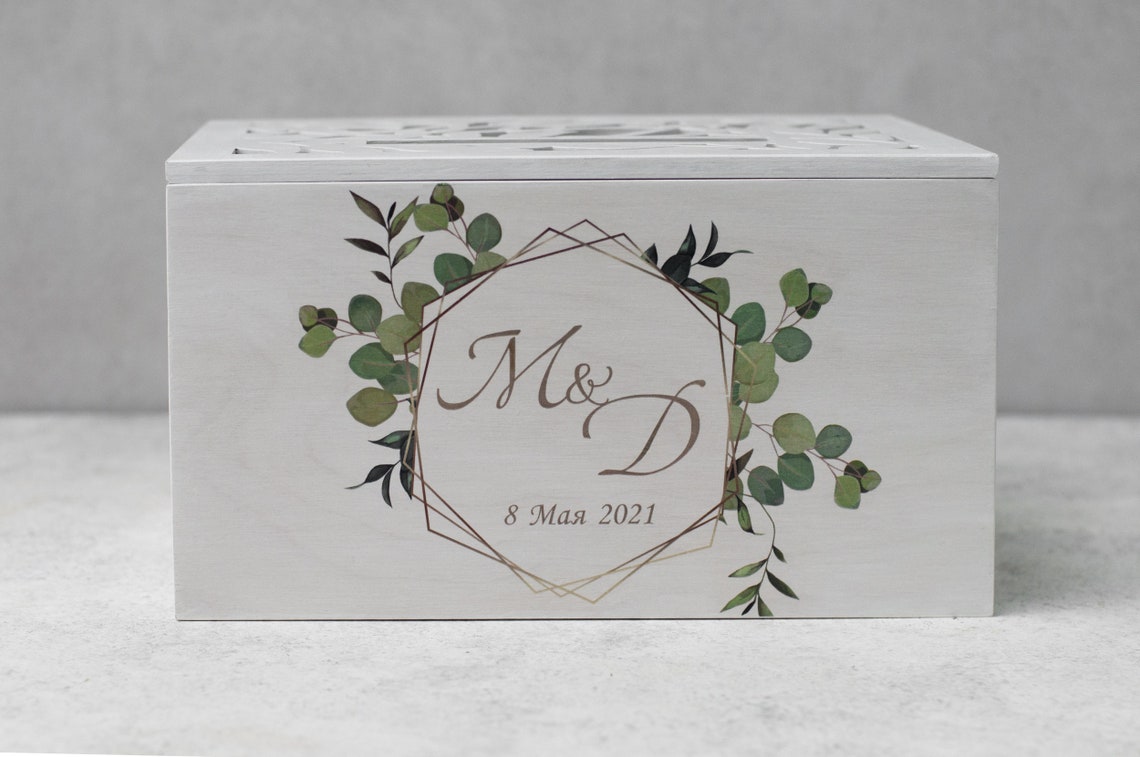 Personalized Wedding Card Box with Monogram White Custom Wood Etsy